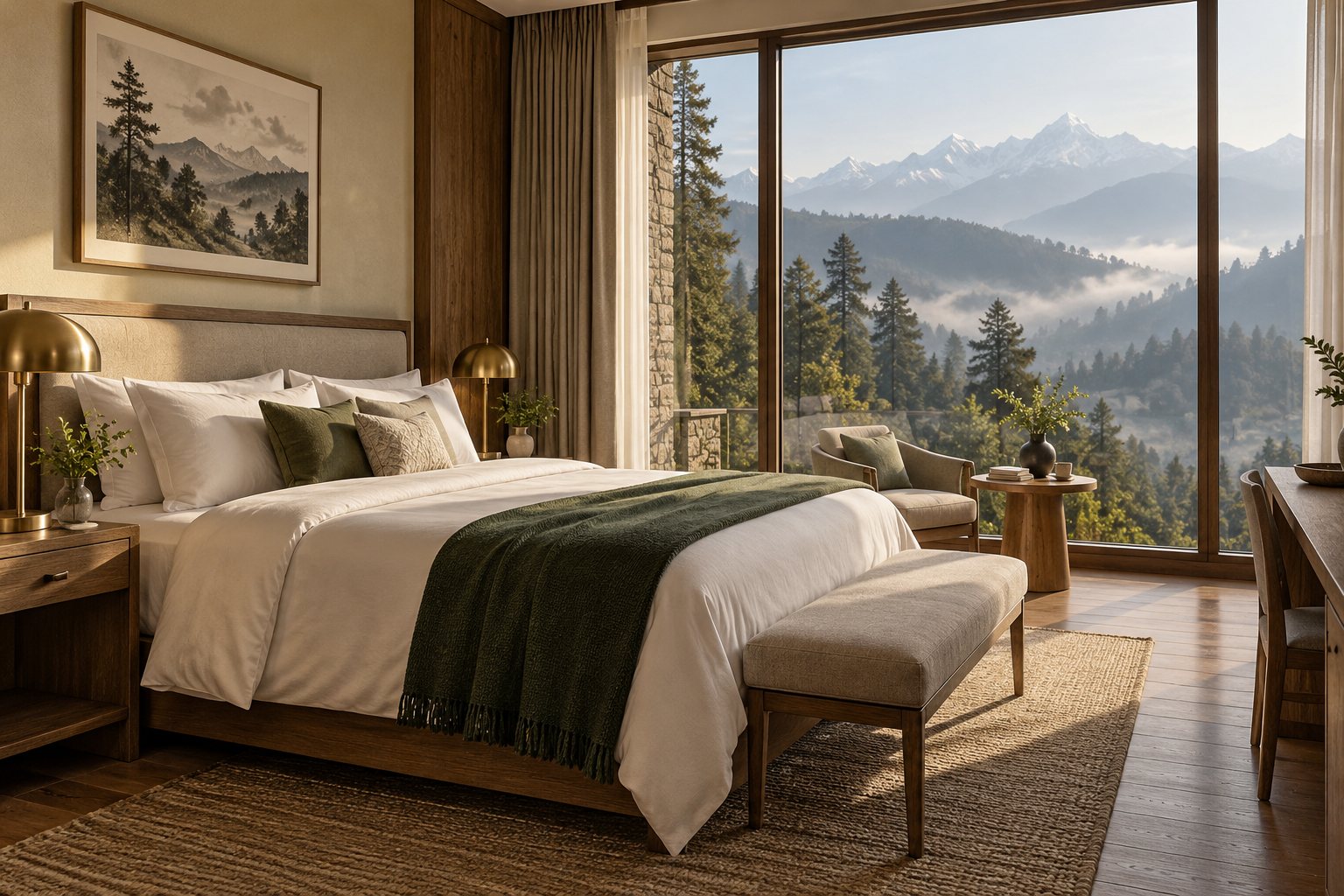 Concept bedroom with warm timber finishes and a mountain view